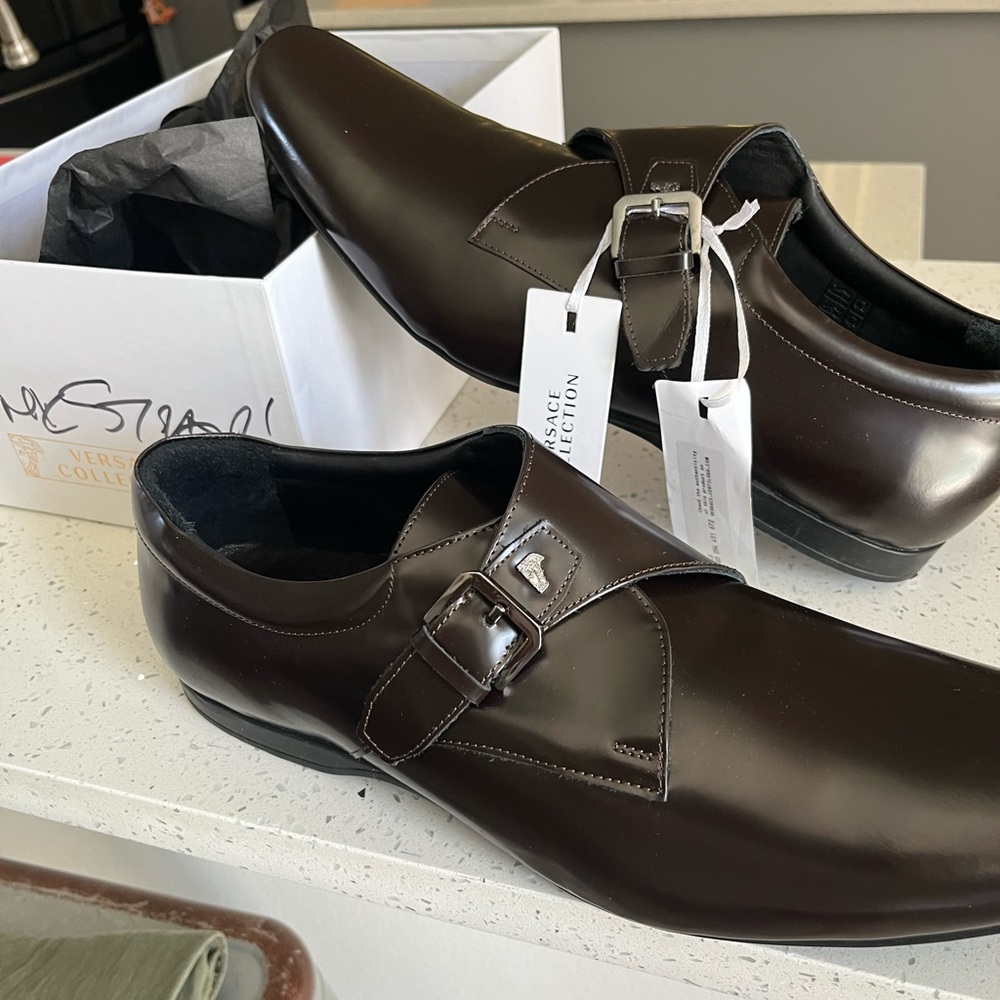 NWT- Size 12  Men’s Versace Collection, Burgundy, Monk Strap Shoes.Tags and box